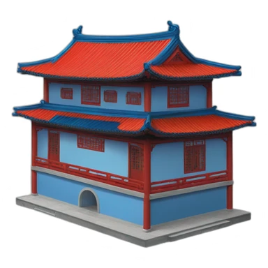 the facade of a medium-sized Chinese-style house with a blue roof and red wooden structures sticker