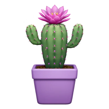 One ceramic pot in pastel violet, square, and tall, containing a flowering cactus. sticker