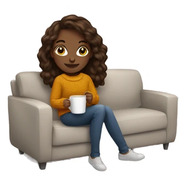 Brunette white girl autumn vibe wearing sweater sitting on a couch holding coffee sticker