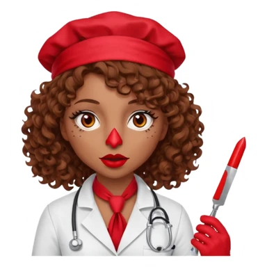Lilith scalpel in hand, evil surgeon sexy surgeon clothes.  She has red eyes.Her  brown curly hair. Wears sexy doctor outfit with red gloves. Hides mouth necknose with red bandana to hide her identity. Hair is long and brown sticker