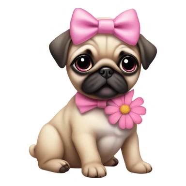 Baby pug with big pink
eyes wearing a pink bow on her head and a daisy in her mouth  sticker