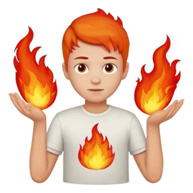 A boy with no hands fire instead made out of red fire and the boy is wearing a shirt that says FIRE C sticker