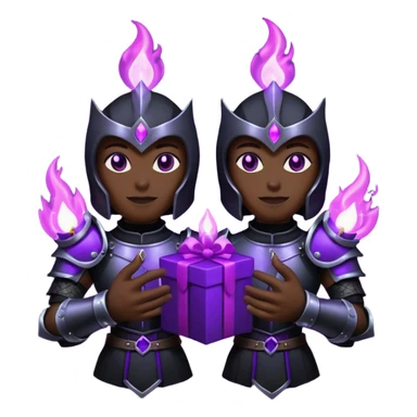 A Discord emoji of a pair of black armored gauntlets holding a flickering violet flame. The hands are positioned as if offering a gift. Dark gothic fantasy, glowing magical effects, high contrast, 2D vector style, white background. sticker