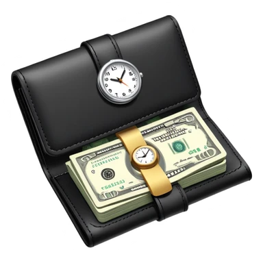 black wallet with dollar bills sticking out and a small clock in top right corner over the wallet sticker