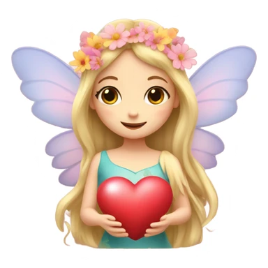 Fairy, long blonde hair, wings, flowers, heart eyes, hands holding heart sticker