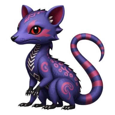 Rare warm-colored exotic gloomy tropical edgy cute epic aesthetic spooky indigo violet white black red gothic colorful Salandit-Salazzle-Civet-species-Fakemon-hybrid-creature, with tribal tattoo markings, full body sticker