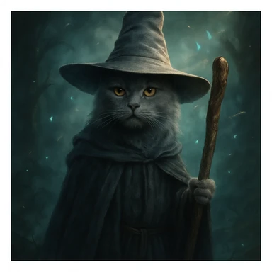 gray cat wearing Gandalf's hat, holding a staff, fantasy atmosphere sticker