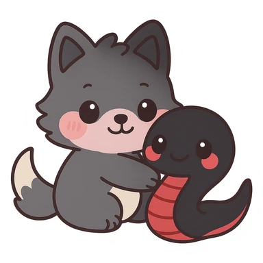 Make the snake larger, with a black body and red underbelly. The snake should be hugging the wolf back. Keep the kawaii style and ensure the background remains transparent. sticker