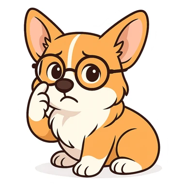 и вот такую есчо эмоцию давай изобразим, задумчивый поправляет очки, тоже как котик на примере только с нашшим корги sticker