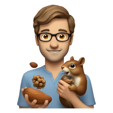 A man with brown hair, glasses and fair skin, feeds a squirrel with nuts sticker