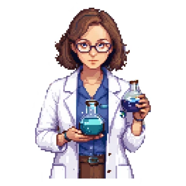 Flat pixel art, a female chemist, wearing glasses, white lab coat over indigo shirt, focusing on lab experiment, holding a flask in her right hand, waist-up, front-facing sticker