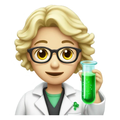Student wearing a lab coat with a test tube containing green bubbly liquid sticker