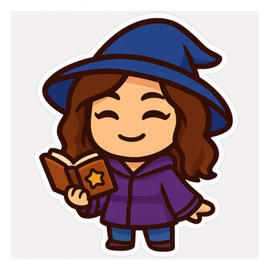 Sticker style chibi emote of the woman from the reference images, wearing a purple hoodie and jeans, with a wizard hat, holding a magic book, no headband, no sparkles, transparent background. sticker