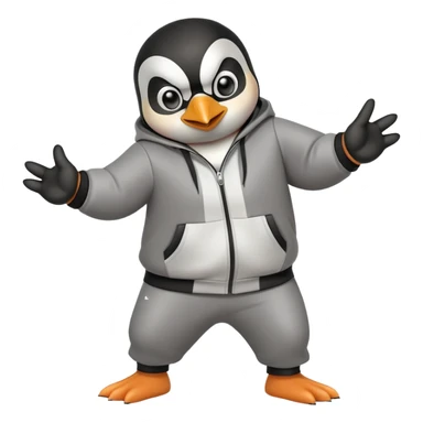 friendly anthropomorphised penguin wearing a mafia-style tracksuit, secretive scheming pose, soprano vibe, angry expression, running with a determined sprint, holding a knuckle duster sticker