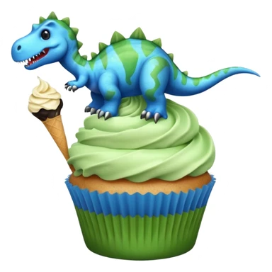 A cupcake having blue and black icing and a dinosaur as a decoration and ice cream next to it sticker