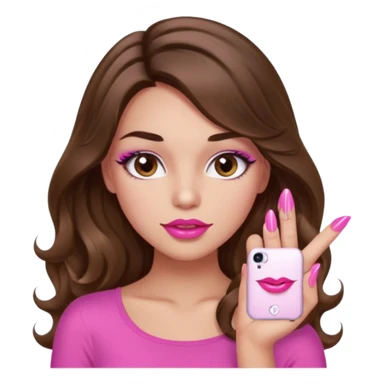 girl with long wavy brown hair, brown eyes, light to medium complexion, in a pink sexy top, pink puckered lips, long lashes, showing a manicure sticker