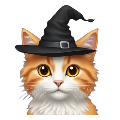 White-orange fluffy cat with black cone witch hat sticker