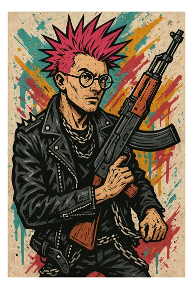 A punk guy with pink hair, wearing Harry Potter glasses, and holding an AK-47 sticker