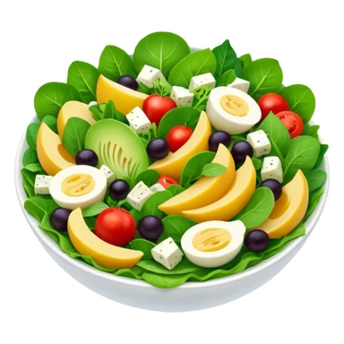 Salad community avatar in clean emoji-style illustration. Classic salads like Olivier and Tashkent, vibrant greens and colorful ingredients, simple shapes, flat design, high contrast, fresh and inviting. sticker