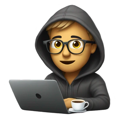 geek with spectacles and hoodie sitting infront of laptop with cup of coffee sticker