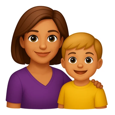 Create an image of a confident mom with a child by her side in the style of apple emojis. The style is emoji, which does not support text editing, so use the general style editor to replicate the emoji look. sticker