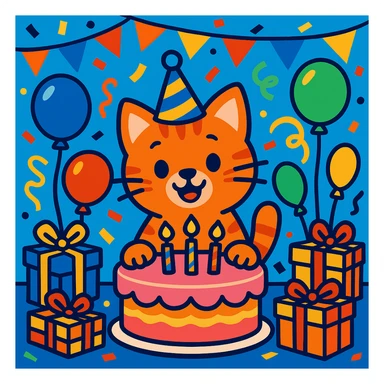 birthday party scene with colorful decorations, balloons, confetti, a large birthday cake, gifts, and a festive atmosphere, featuring a ginger tabby kitten wearing a birthday hat as the main character sticker