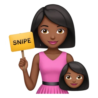 Dark skin woman with black bob in hair holding sign that says snipe  wearing pink dress  sticker