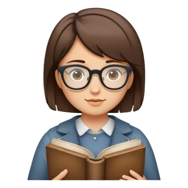 girl with short brown hair, wearing glasses and holding a book sticker