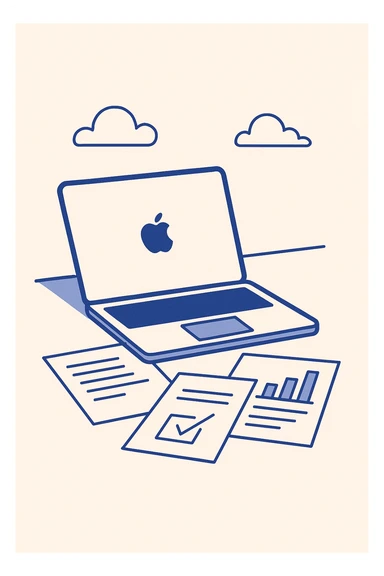 a MacBook laptop on a desk with work papers, clean modern illustration style sticker