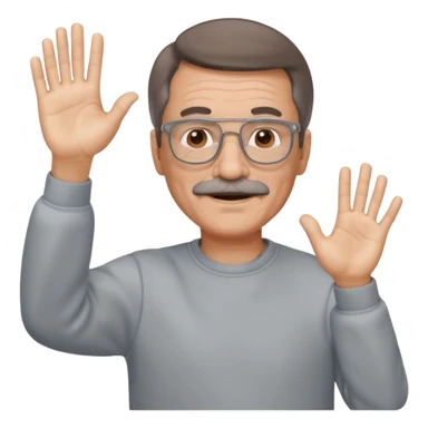 60 yr man partial brown hair parted in center, gray mustache, light glasses, sweatshirt waving hello sticker