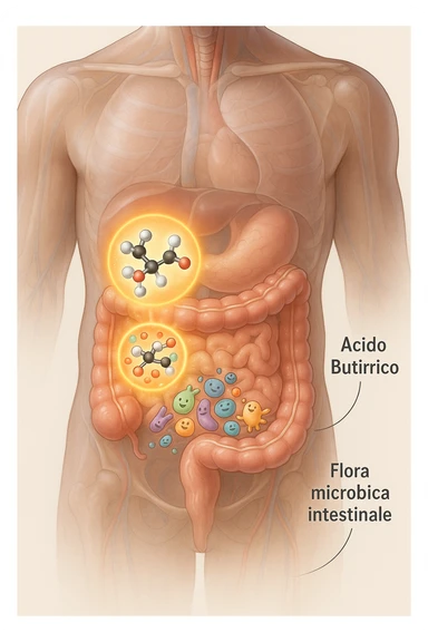 Realistic, vertical 3D medical illustration showing a semi-transparent human torso with a detailed view of the digestive tract, focusing on the large intestine. Inside the colon, glowing 3D molecules of butyric acid (acido butirrico) are visible, depicted as ball-and-stick models (carbon: black/gray, hydrogen: white, oxygen: red). Around the molecules, clusters of diverse, friendly-looking gut bacteria are shown, interacting positively with the butyric acid. The intestinal wall appears healthy and vibrant, with subtle highlights indicating improved gut health. The background is clean and softly lit, with clear educational labels such as “Acido Butirrico” and “Flora microbica intestinale.” The overall mood is scientific, modern, and supportive of gut wellness. sticker