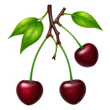 Pair of dark burgundy cherries with green stem, deep rich red color sticker
