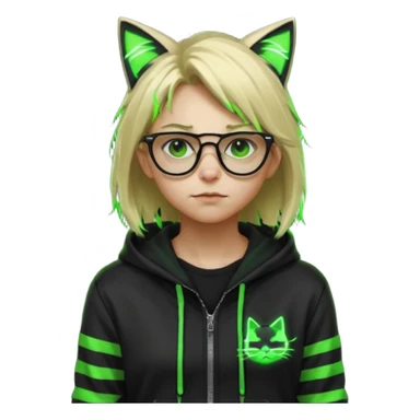 Light blond, slightly messy hair
Black glasses
A black hoodie with cat ears
Neon green details on the jacket and pants (glowing lines and stripes)
An overall hacker / cyberpunk style look
A neutral facial expression sticker