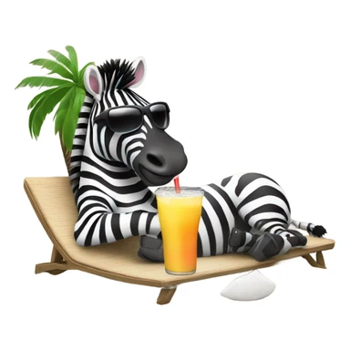 A zebra wearing sunglasses, sunbathing on the beach with a coconut drink sticker