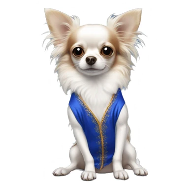 Long-haired white Chihuahua with reddish brown markings wearing royal blue silk pajamas sticker
