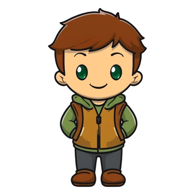 Rudeus Greyrat smiling warmly, green eyes, short brown hair, wearing travel clothes, friendly and kind expression sticker