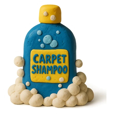 carpet shampoo bottle with bubbles and suds, playful look, claymation style sticker