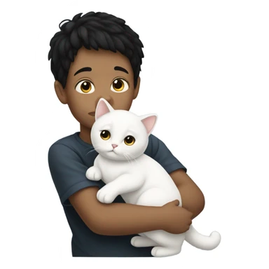 Little boy with black hair holding a huge White cat sticker