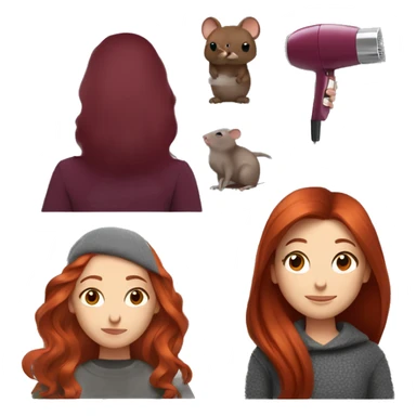 redhead girl with long hair and Dyson styling in a burgundy sweater and a grey rat on her shoulder sticker