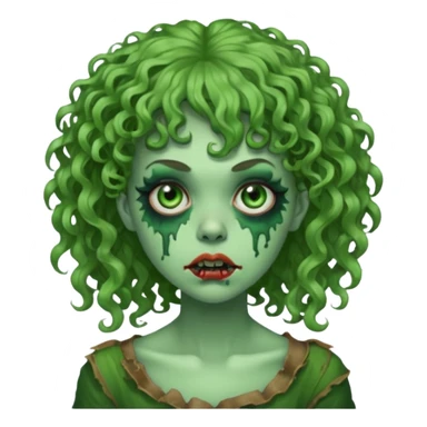 green zombie woman with curly hair, bangs, and a septum piercing. like iPhone emoji sticker