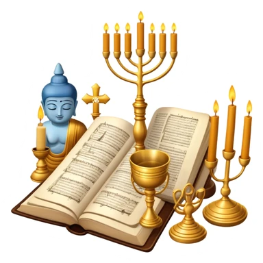 An icon featuring a Torah scroll, Menorah, Bible, Orthodox cross, Quran, and a Buddha statue, symbolizing the study of religions. The design includes diverse religious symbols arranged harmoniously, representing global faiths and spiritual practices. Transparent background sticker