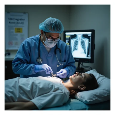 realistic or semi-realistic style, cardiologist placing stent in patient, hospital billing monitor with high cost ($30,000) in background, wall with NIH studies about medical therapy, metaphorical and critical mood sticker