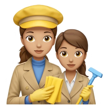 A cleaning Lady with Brown hair, high ponytail and yellow cleaning gloths is Talking to a Detektive with beige had, a beige coap and he is interviewing the cleaning Lady sticker