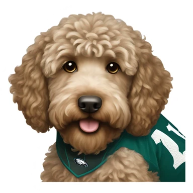 Light brown Labradoodle wearing a Philadelphia eagles jersey sticker