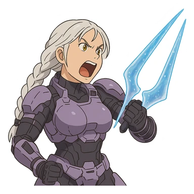 female, wearing reach spartan armor default, long white braid hair, gold yellow eyes, attention pose, HALO:series, no helmet, the armor is lavender color scheme, shoulder pad off. DDD bust size fitting. Punk gothic cyberpunk, brandishing a covenant energy sword, preparing to swing and yelling sticker