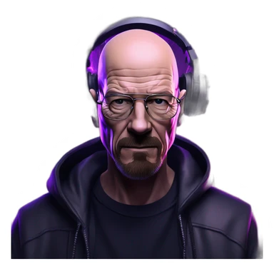 Walter White wearing a black hoodie with "OMG" letters on it and VR headset in a cyberpunk VR environment with violet neon lighting. sticker