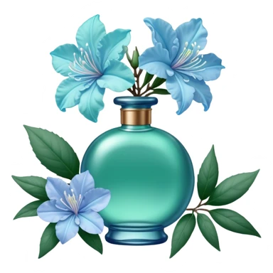 Aesthetic ensemble of soft blue azaleas alongside a charming vintage green perfume bottle.
 sticker