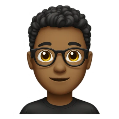 A boy with a partial haircut, black-rimmed glasses and a black T-shirt sticker