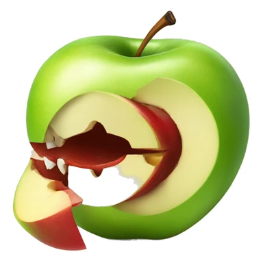 a partially eaten apple with many bites taken out around the middle of the apple revealing some of the core sticker