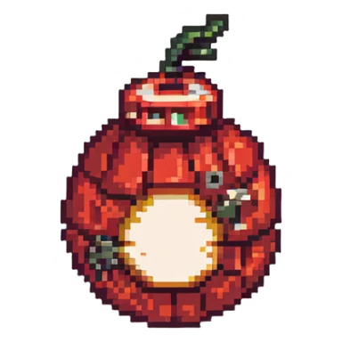 Red digital bomb with flame-shaped fuse on top, round bomb body with red highlights and details, pixel art style sticker